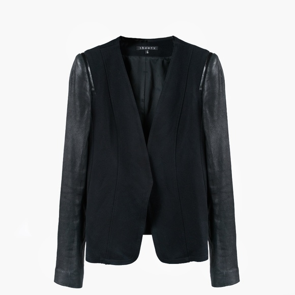 THEORY YAISA PRYOR Leather Sleeve Zip Shoulder Jacket Blazer Black Size P/TP - Picture 3 of 12